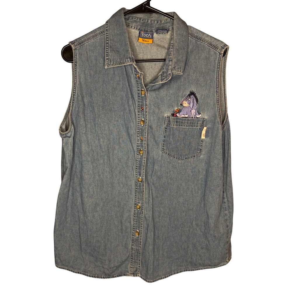Vintage Pooh Woman Denim Sleeveless Shirt Eeyore Embroidered Button Up 2X 18W